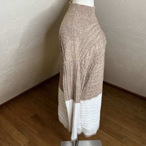 Talbots Sweater Womens Large Brown Cream Cable Knit Mock Neck ColorBlock - Picture 7 of 9